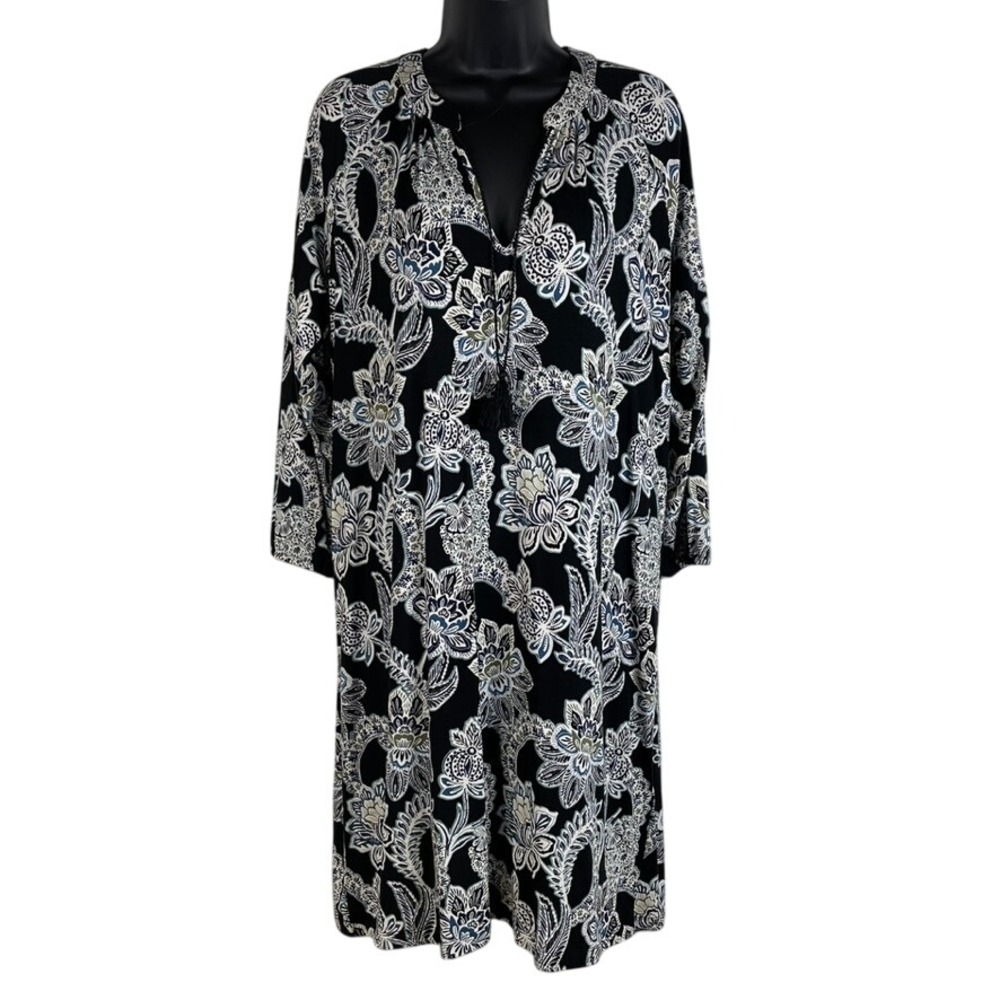 Banana Republic Size Med Black White Floral Tassel V Neck Midi Dress 3/4‎ Sleeve